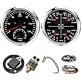 RACETECH 110mm 2in1 GPS Speedometer Tachometer + 4in1 (2 Gauge Set) | 4-3/8", 120 MPH, 8000 RPM, Oil Water Fuel Volt Gauge, 7 Color LED, Black Dial, IP67 Waterproof, Stainless Steel Rim, 12V/24V