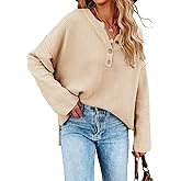 Saodimallsu Women's Oversized Sweaters Batwing Long Sleeve Loose V Neck Button Henley Tops Pullover Knit Jumper
