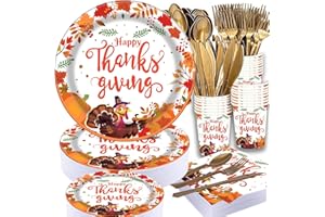 PAMMYAN Thanksgiving Paper Plate, Fall Party Supplies Tableware Set - 2 Pcs Tablecloth with 25 Set Turkey Pumpkin Maple Disposable Plates and Napkins Dinnerware Set for 25 Guest Autumn Harvest Table Decor