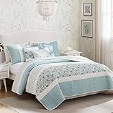 Madison Park Cotton Quilt Set Floral Print, Double Sided Stitching, All Season, Lightweight Coverlet Shabby Chic Bedding Layer, Matching Shams, King/Cal King, Aqua 6 Piece
