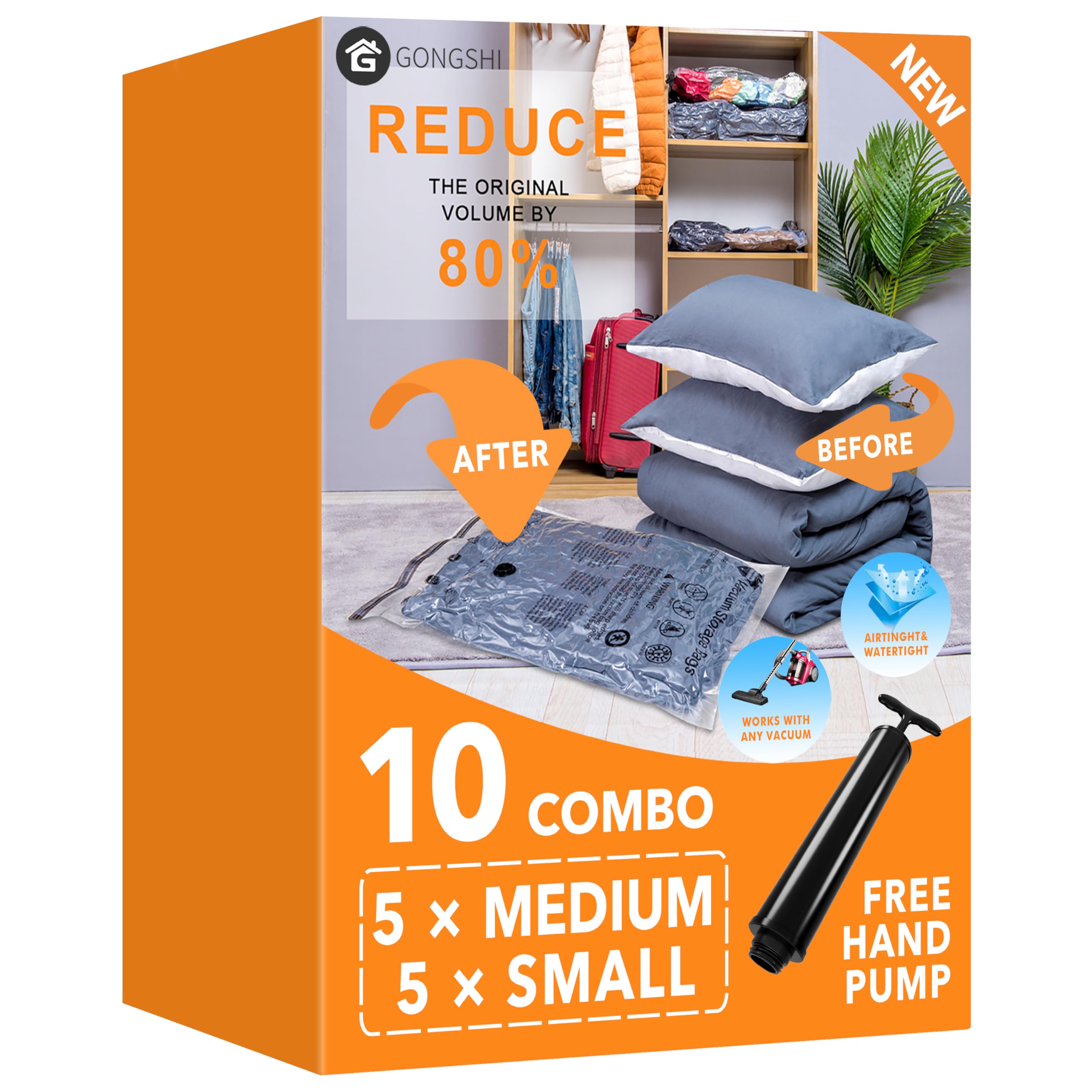 Photo 1 of Vacuum Storage Bags (5 x Medium, 5 x Small), Space Saver Sealer Compression Bags with Travel Hand Pump for Blankets, Comforters, Pillows, Clothes Storage
