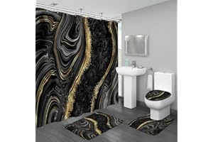 BAYNOOK 4PCS Black Gold Marble Shower Curtain Sets with Rugs, Abstract Bathroom Sets with Shower Curtain and Rugs, Bathroom Curtains Shower Set with Toilet Lid Cover for Bathroom Decor