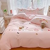 MorroMorn Cotton Duvet Cover Queen Size, 3D Embroidery Queen Bedding Sets, Cute Chenille Embroidered Comforter Covers Soft Breathable Sweat-Absorbent for Girls Kids Teen (Donut Pink, Full/Queen)
