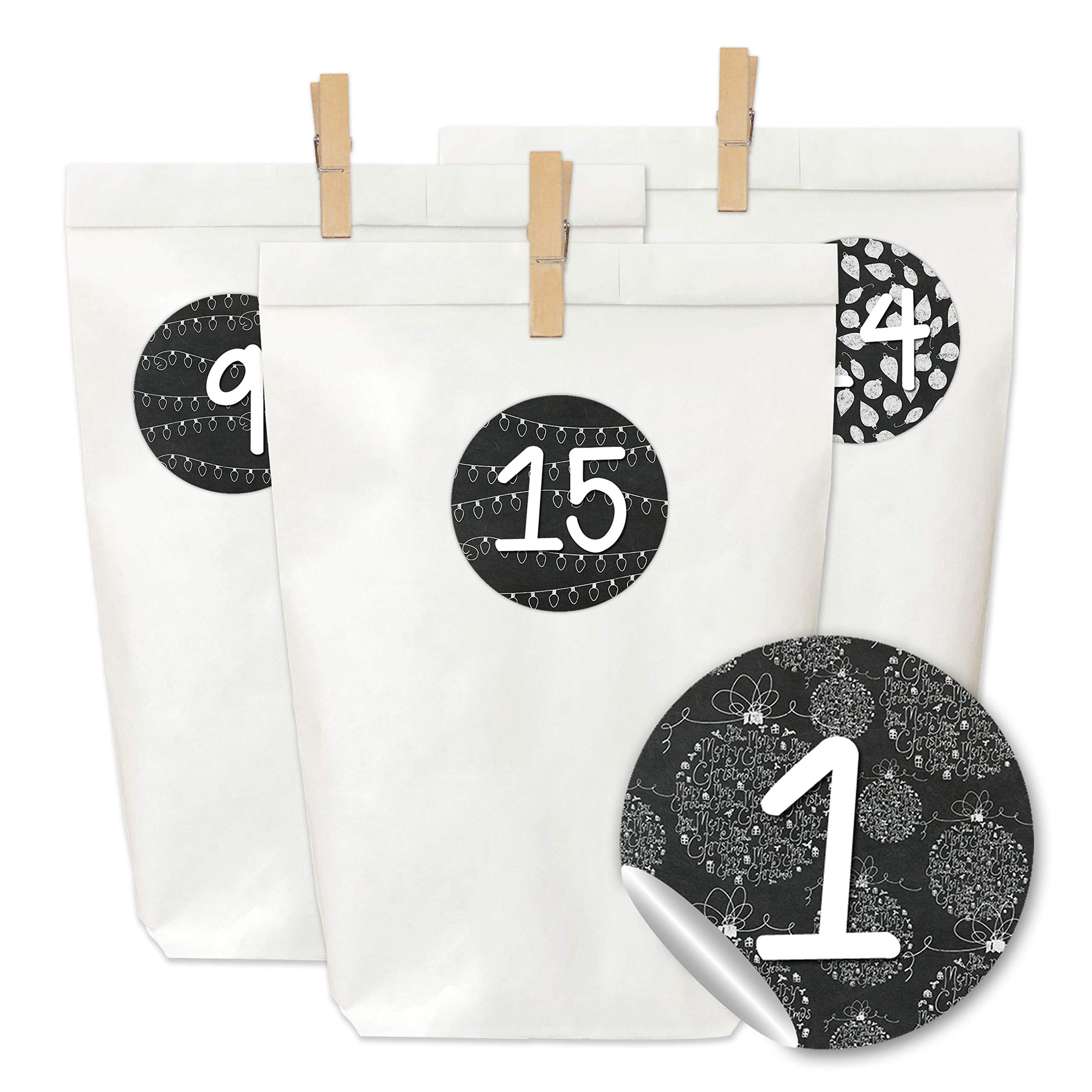 Papierdrachen Advent Calendar for filling - 24 paper bags with stickers and 24 wooden brackets - motif black - 16