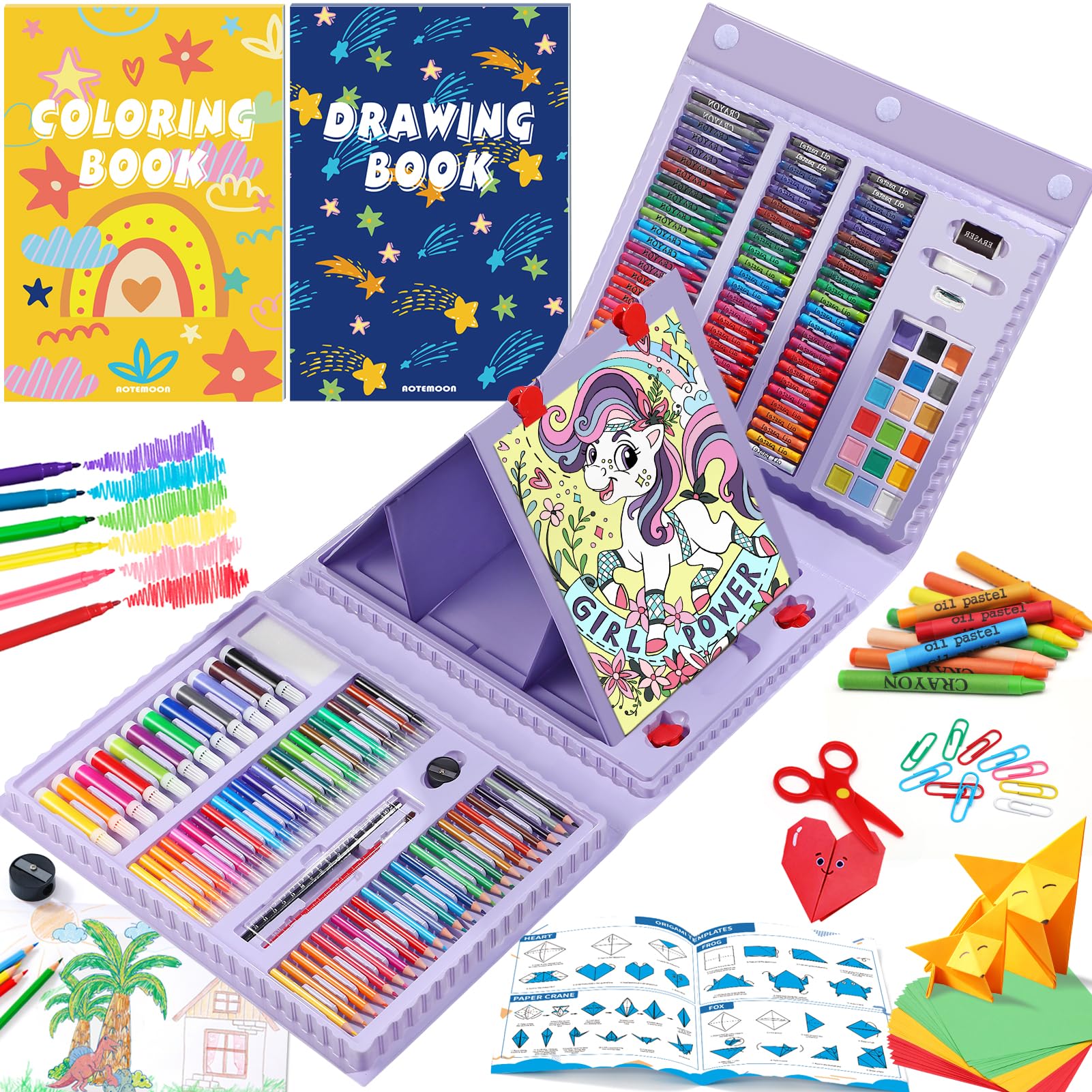Photo 1 of All in One Art Supplies, Art Kit Includes Easel, Origami Paper, Colored Pencils, Crayons, Drawing Book, Coloring Book, Watercolor Pens, Markers and Oil Pastels, Gifts for Girls Boys Teens, Purple