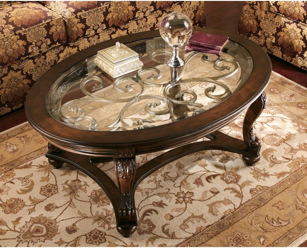 Signature Design by Ashley - Norcastle Traditional Glass Top Oval Coffee Table, Dark Brown - Table & Chair Sets