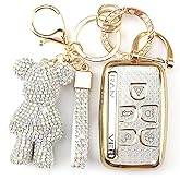 Rayslesan Cute Key Fob Cover with Rhinestone Bear Charm, Bling TPU Smart Key Case for Women, Compatible with Land Rover LR2 LR4 Range Rover Discovery Jaguar XJ XF XK (5-Button, Gold White)