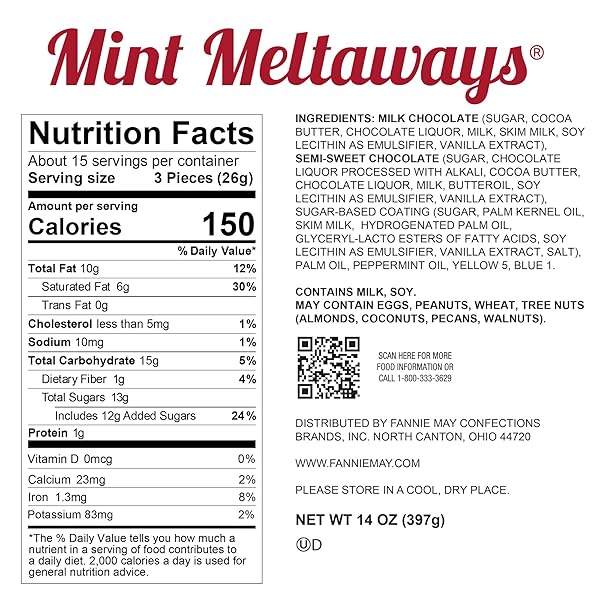 FANNIE MAY, MILK CHOCOLATE CANDY, MINT MELTAWAYS, 14 OZ GIFT BOX