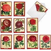 The Best Card Company - 10 Boxed Thank You Note Cards with Flowers - Blank Assorted Floral Notecards Bulk (4 x 5.12 Inch) - Retro Roses M1739BN
