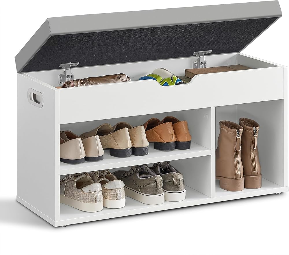 VASAGLE Cloud White 3-Compartment Shoe Bench with Cushion LHS030W02