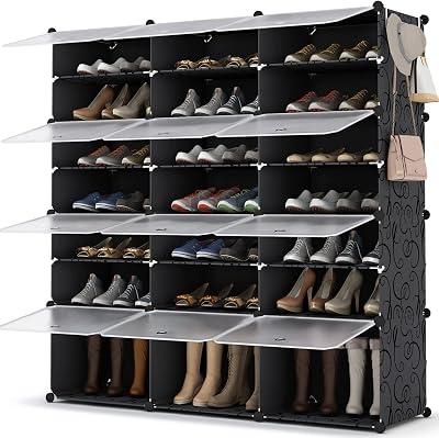 HOMIDEC 7 Tier Plastic Shoe Rack Cabinet with Doors Black 42 Pair