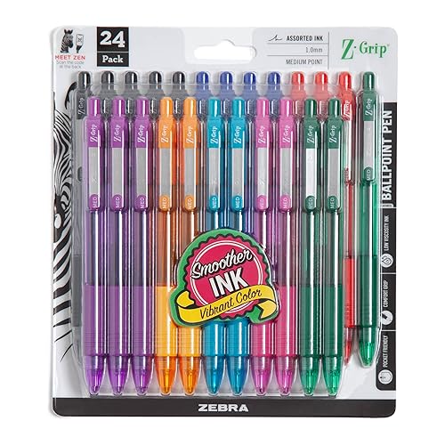 Zebra Pen Z-Grip Retractable Ballpoint Pen, Smooth-Flowing Assorted Fashion Colors, 1.0mm Medium Point, School Supplies, Teacher Supplies and Office Supplies, 24-Pack (12223)