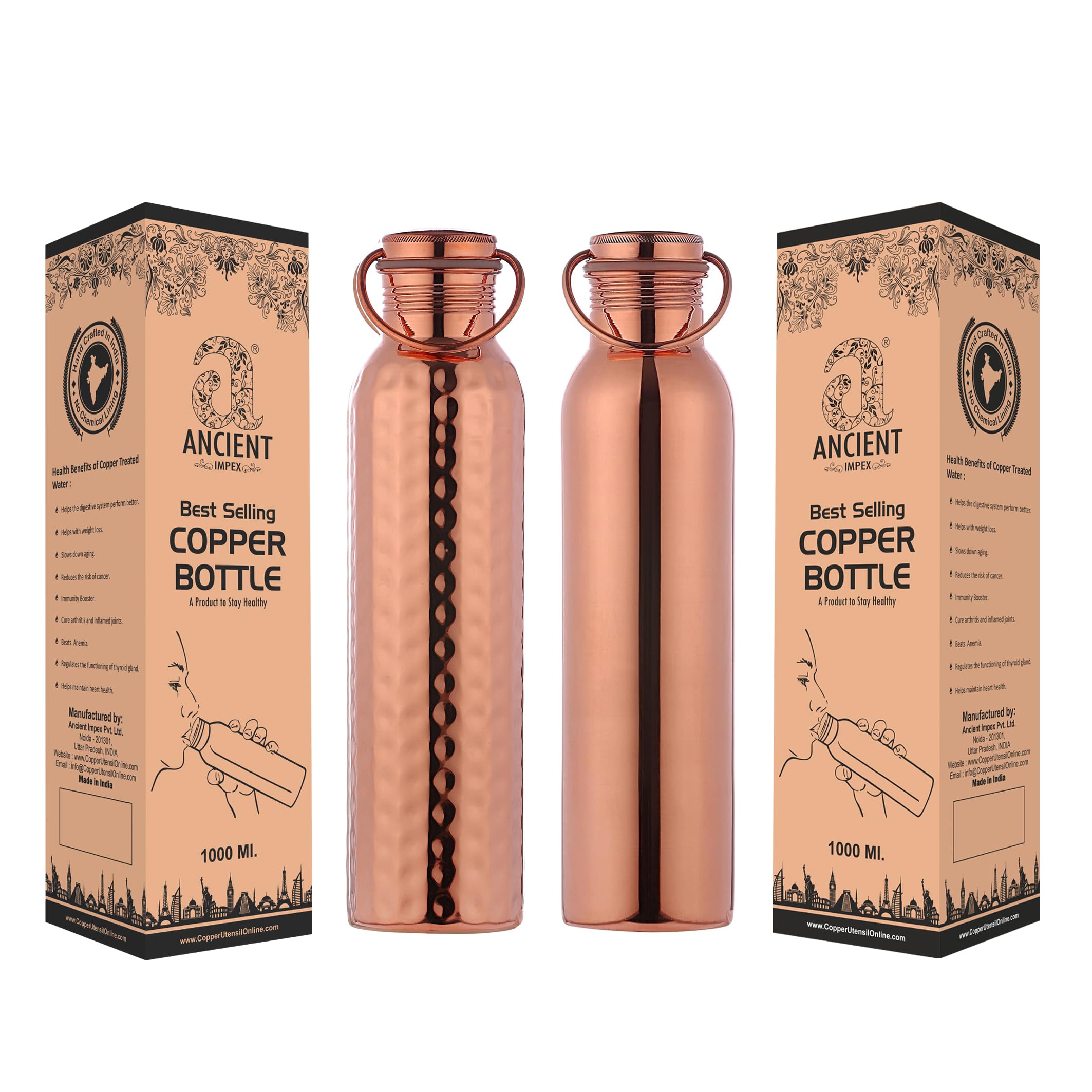 ANCIENTIMPEX Pure Copper Water Bottles 1000ml Set of 2 | Plain & Hammered Design with Handle | Seamless Leak-Proof Ayurveda Copper Bottle Combo | Eco-Friendly Handmade Copper Bottle Set