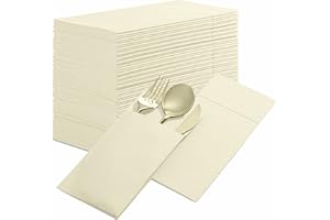 BLOOMINGOODS 50-Pack Disposable Linen-Feel Dinner Napkins with Built-in Flatware Pocket, CREAM Prefolded Cloth Like Paper Napkins For Dinner, Wedding Or Party [Silverware NOT Included]