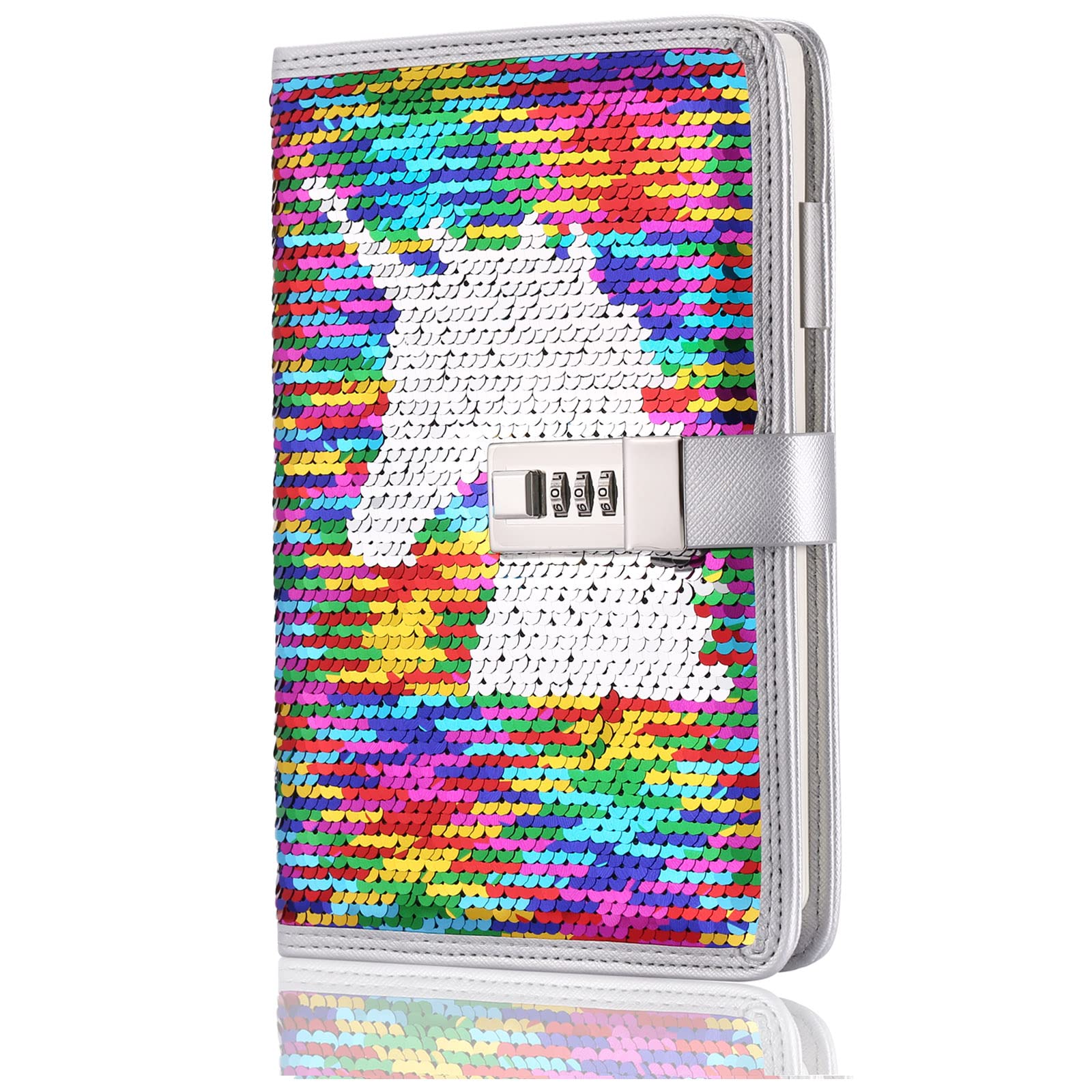VIPbuy A5 Lined Refillable Diary with Combination Lock Pen Holder and Card Slots, DIY Reversible Sequin Personalised Journal Notebook for Women Girls Birthday Gifts (Colorful Unicorn)