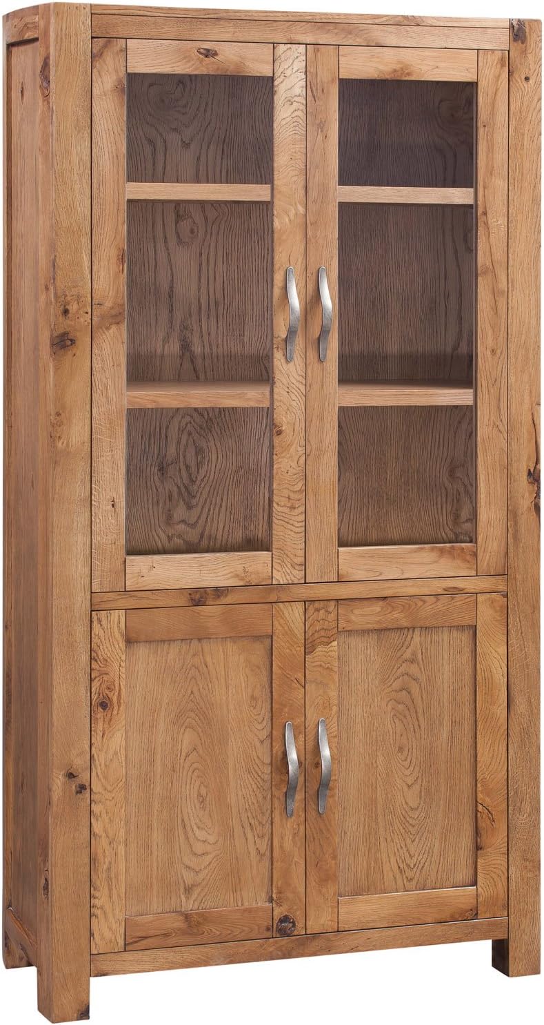 Distressed Oak Glass Display Cabinet includes 2 Shelves | 4 Door Cupboard with Shelving | Wood 3 Tier Unit Storage Unit