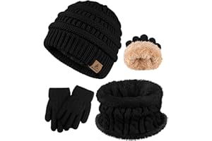 Wenouy 3 Pcs Kids Winter Hat Scarf Gloves Set Boys Girls Thick Warm Beanie Hat Knitted Neck Warmer Fleece Lined Gloves