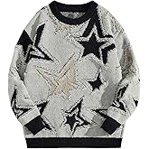 BEAUDRM Men's Star Graphic Sweaters Y2K Vintage Crewneck Oversized Sweaters Baggy Long Sleeve Knit Unisex Pullover Jumper Top