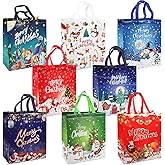 PARSUP 8PCS Christmas Gift Bags with Handles, Non-Woven Large Christmas Bags for Treat Gifts Wrapping Shopping, Xmas Party Supplies, 15×13.8×5.9inch