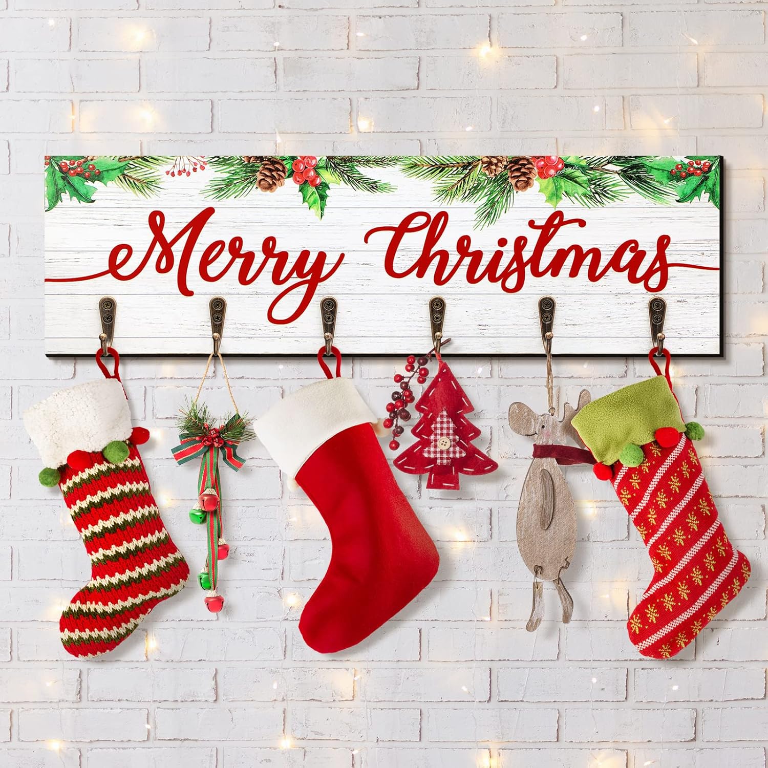 Stockings & Holders - Christmas Stocking Holder with 6 Hangers The Stockings were Hung Wooden Sign Xmas Wall Hanging Sign Wall Mount Hook Holder Decorative Mantel Sign Wood Stocking Hanger for Mantle (Fresh Style)