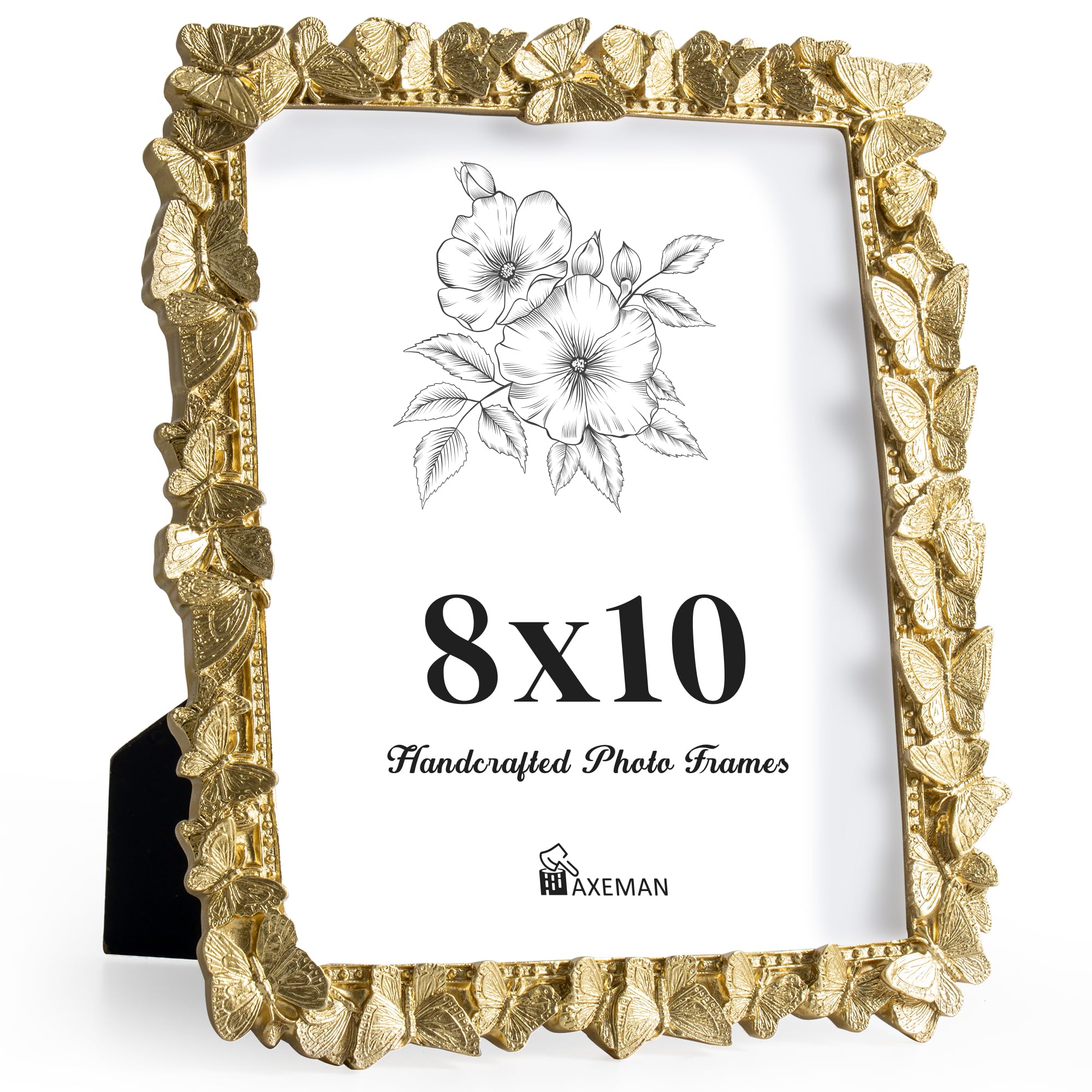 Photo 1 of Axeman 8x10 Vintage Picture Frame with High Tempered Glass, Butterfly Textured Hand-Crafted Resin Antique Ornate Photo Frame with Easel & Hook for Tabletop & Wall Display, Gold