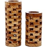 Deco 79 Teak Wood Handmade Decorative Vase Centerpiece Vases with Cut Out Patterns, Set of 2 Vases for Home Decoration 16", 1