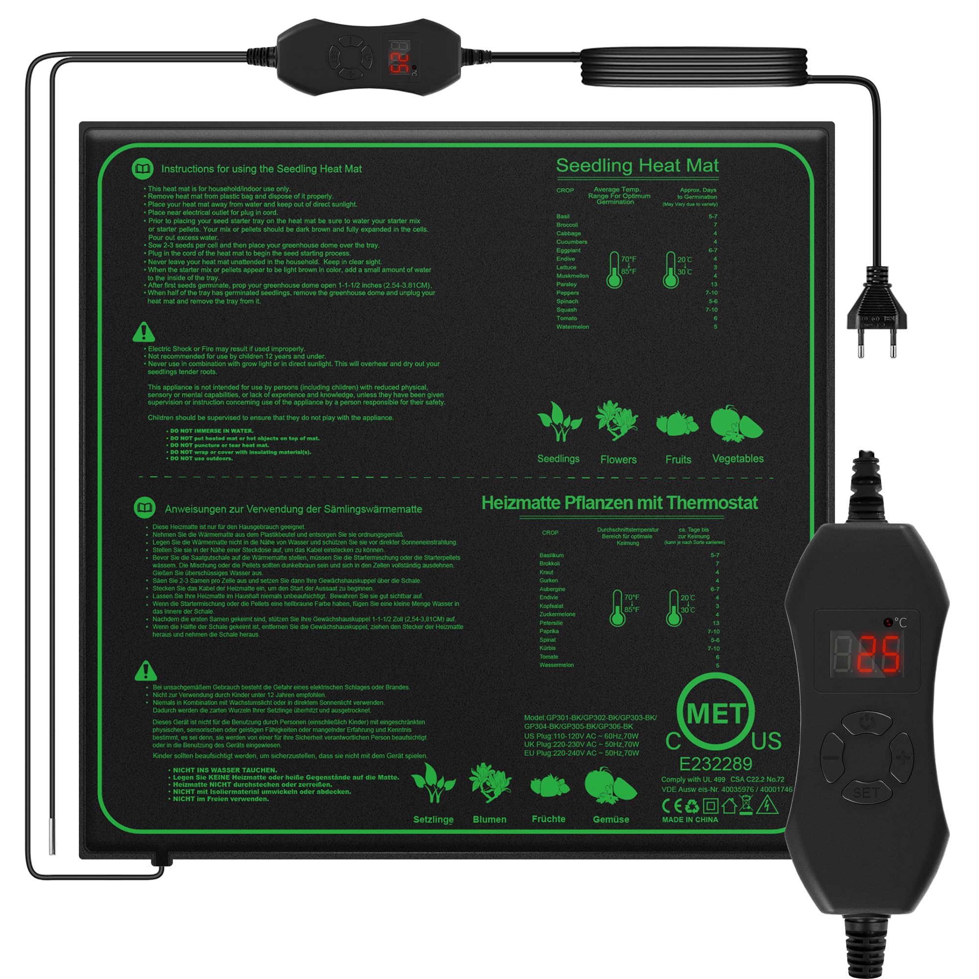 Mojimdo 70W Heating Mat Plants with Thermostat - Quick Heating, Fire Protection, Heat Mat for Germination and Temperature Regulation, Ideal for Seedlings, Pets and Reptiles-50 * 50cm