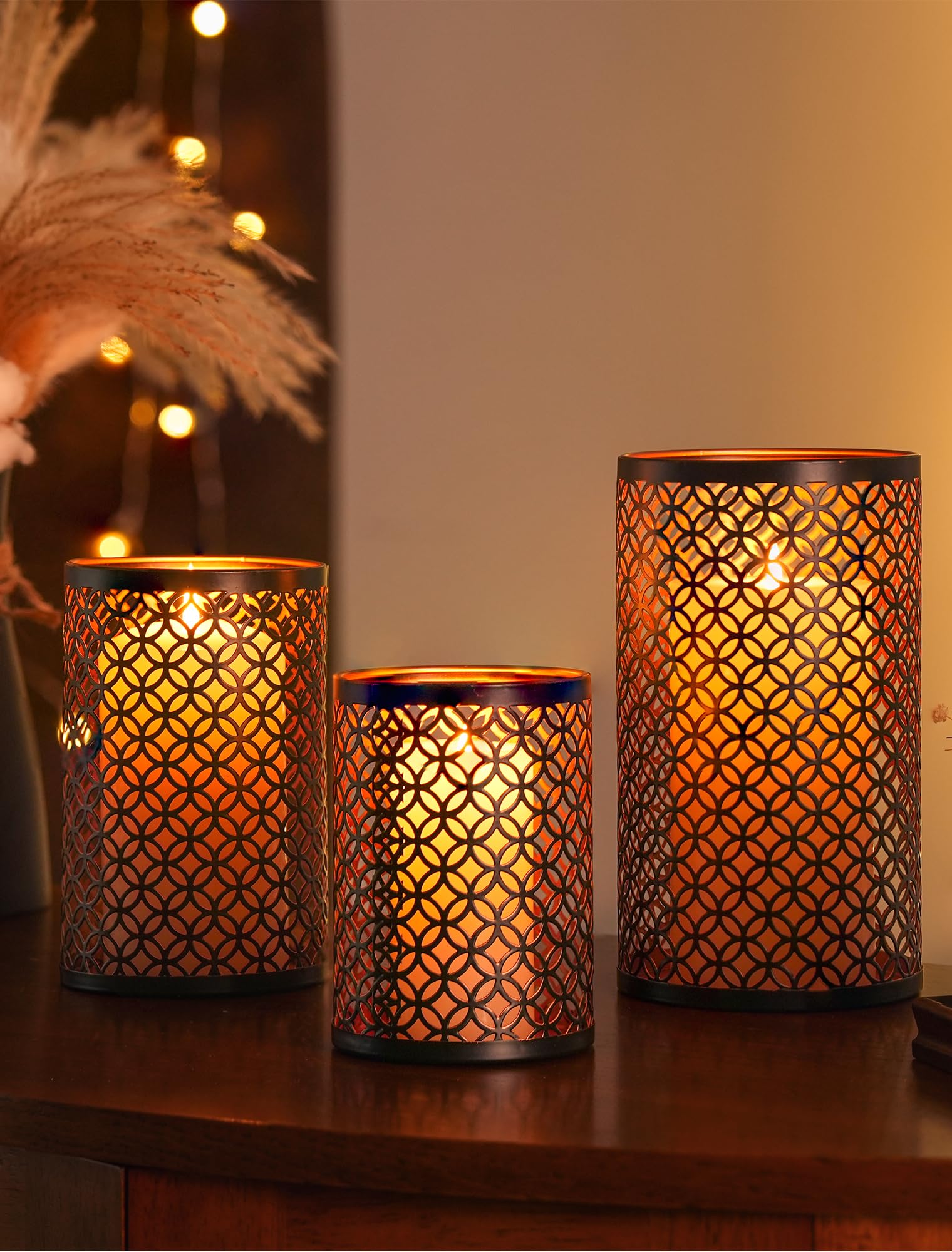 Romadedi Candle Holder Set of 3 Metal for Pillar Candle Hurricane Bronze Candlestick Holder Retro, Wedding Party Home Mantel Dining Table Centerpiece Decoration Indoor Outdoor, Black & Gold