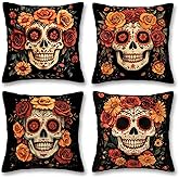 FexNuvko Sugar Skull Throw Pillow Covers 18x18 Set of 4, Mexican Day of The Dead Pillowcase for Sofa and Couch, Chirstmas Decorative Square Cushion Cases for Living and Bed Room