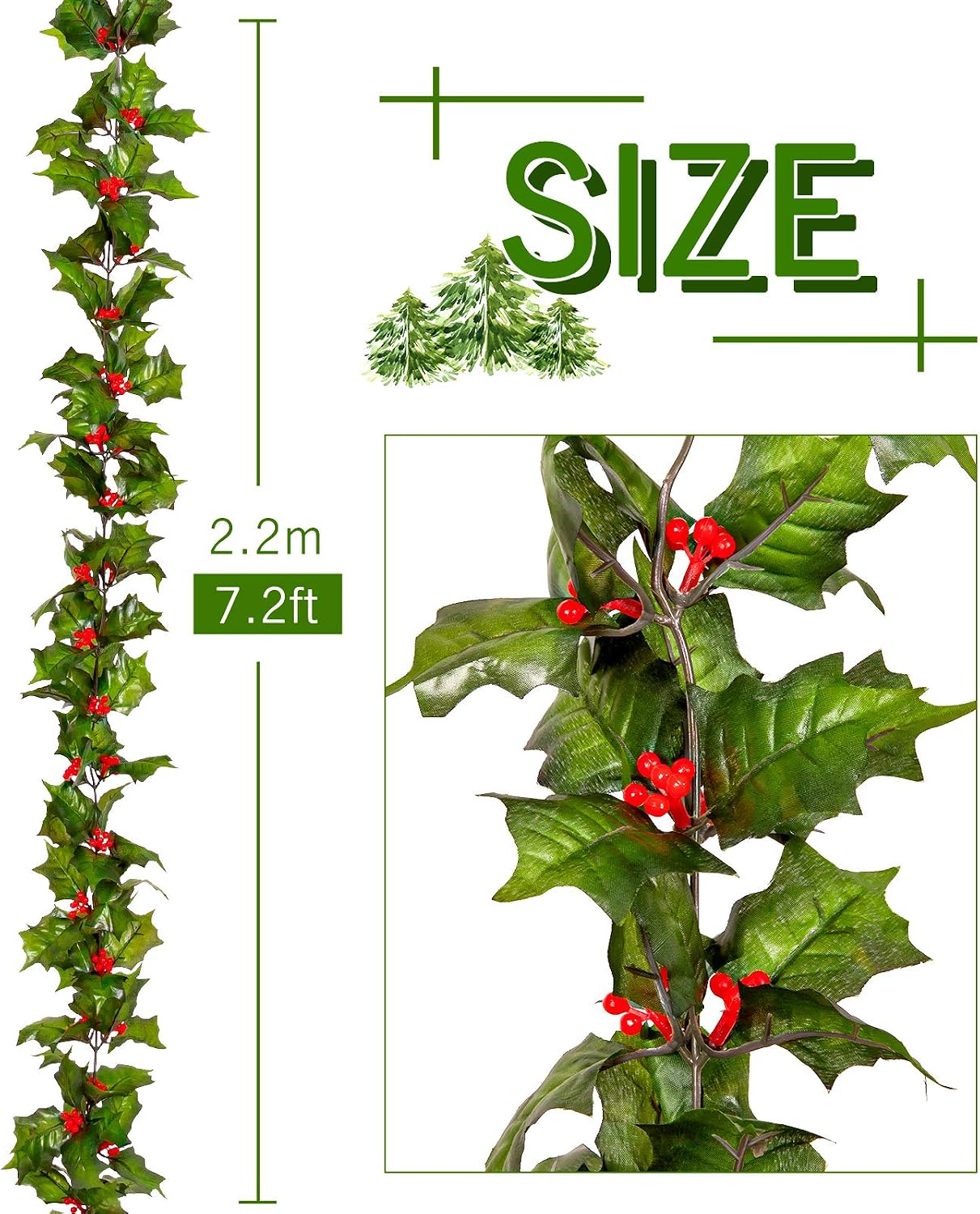 Whaline Red Berry Christmas Garland 7.2Ft Artificial Burgundy Berry with Green Leaves Garland Realistic Christmas Hanging Vine Wreath for Xmas Winter Holiday New Year Fireplace Door Frame Decoration - Image 3