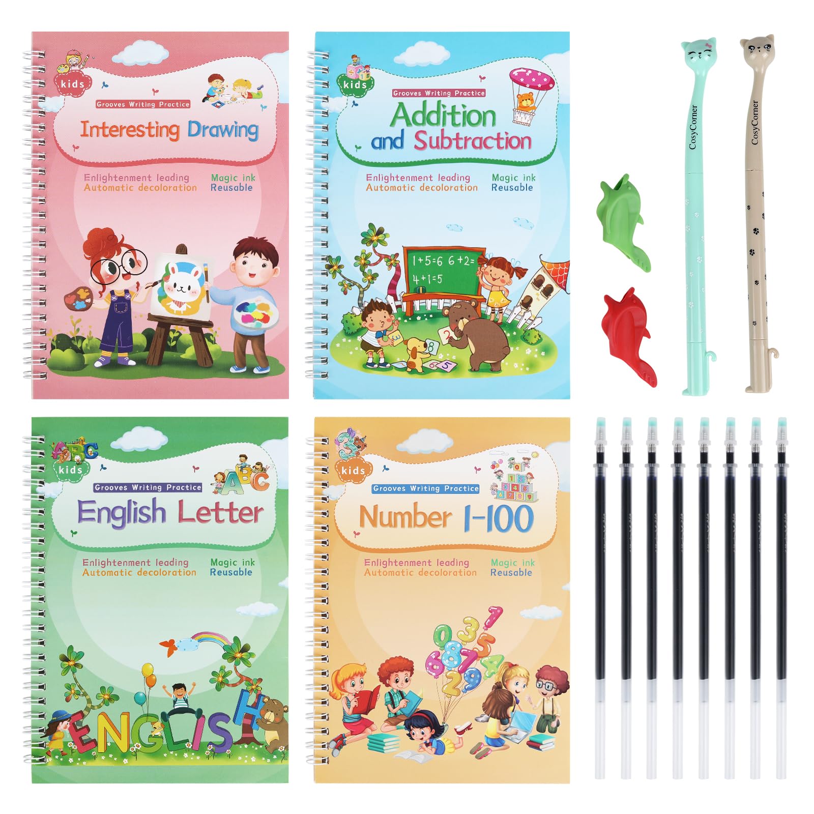 ASIGN 4 Pack Kids Writing Notebooks Reusable Magic Ink Writing Books for Preschool Kids with Grooves Pattern and Handwriting Aid