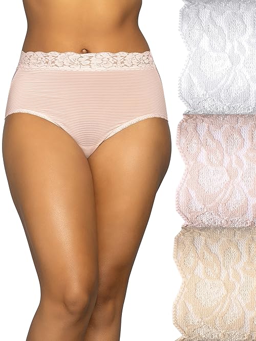 Vanity Fair Women's Flattering Lace Panties: Lightweight & Silky with Superior Stretch, 3 Pack-Quartz/White/Neutral, 7