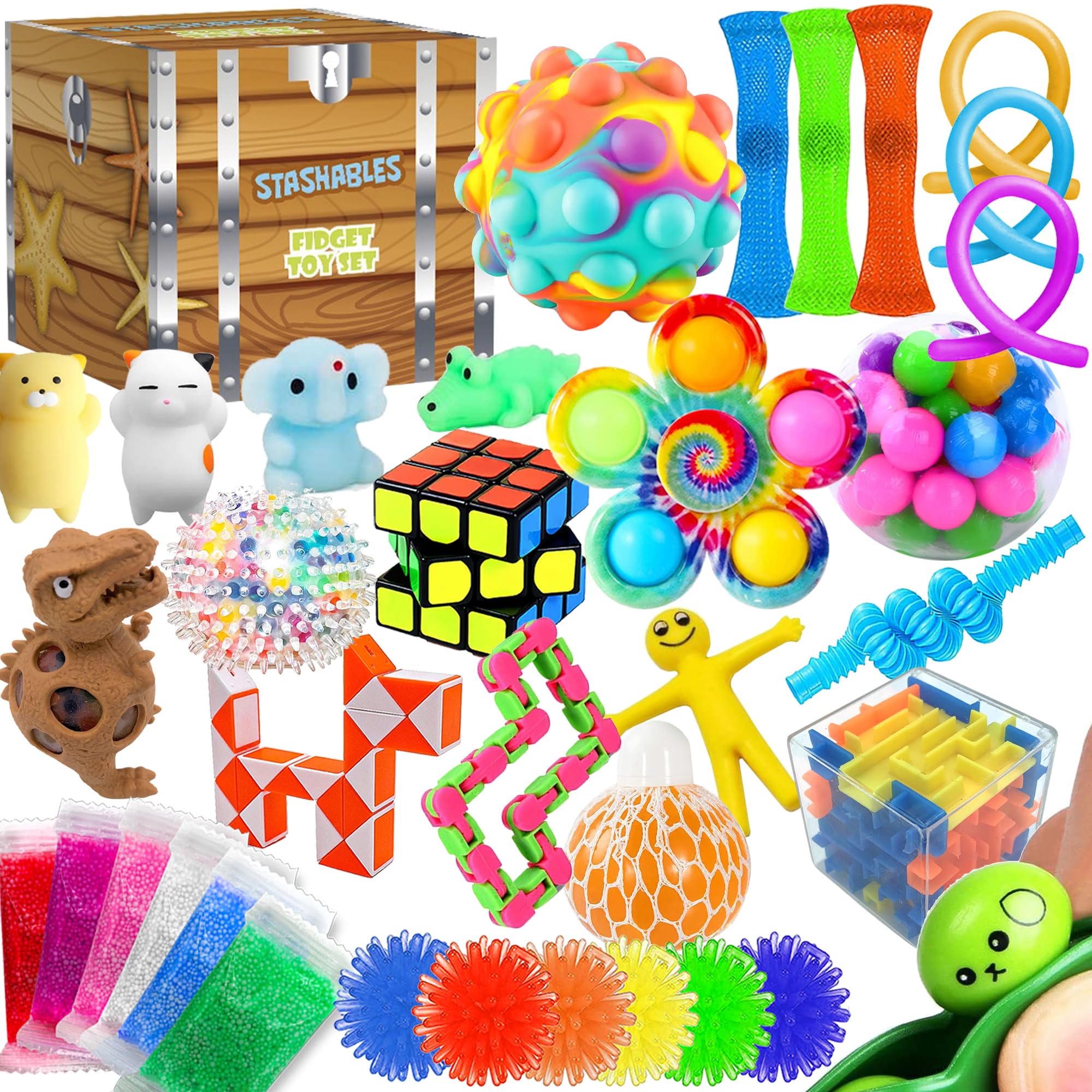 Sensory Fidget Toys Pack - 35pcs - Stress Relief and Anti Anxiety Toys for Kids - Cool Fidget Packs with Stress Balls, Fidget Cube, & More for Party Favors, Prizes, Travel, & Pinata Stuffers