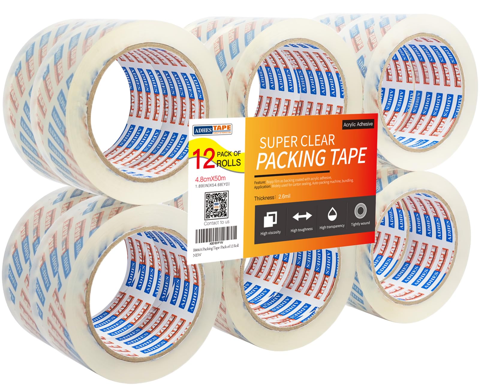 ADHES Heavy Duty Packing Tape Strong Parcel Tape for Moving Packaging Sealing Box, Shipping Tape Multipack, Total Length of 600M with 4.8cm Width,2.6Mil Thickness