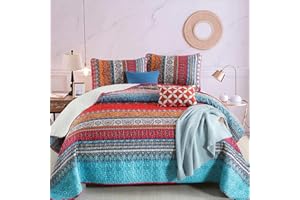 WONGS BEDDING Bohemian Quilt Set Queen Size, Boho Striped Pattern Bedspread Set for All Season, Microfiber Lightweight Coverlet Bedding Set 96"x90"(3 Pieces, Colorful)