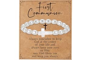 GLITTO First Communion/Confirmation Gifts for Teen Girls, Cross Charm Bead Stretch Bracelets Christian Jewelry Teenage Girls