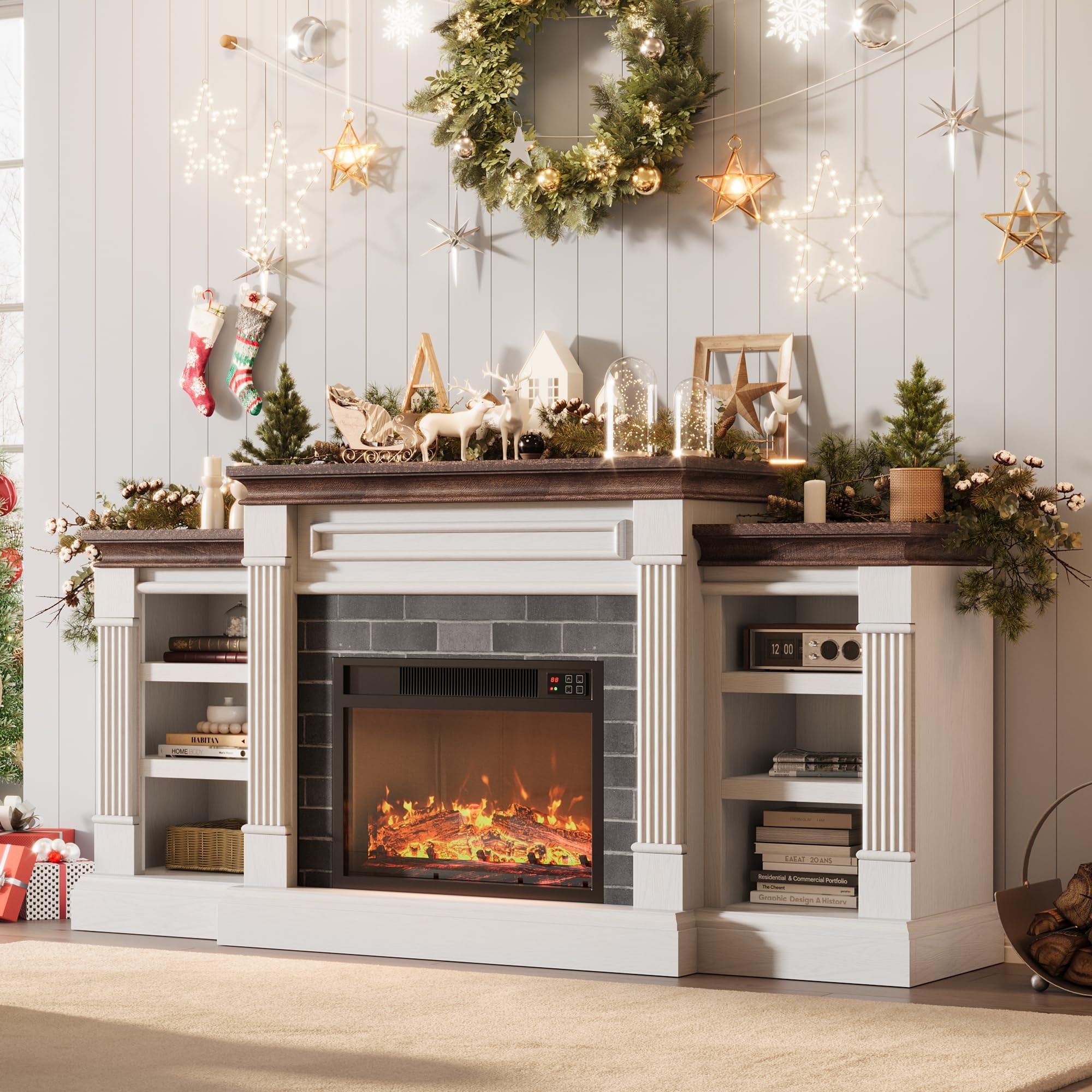 Photo 1 of (4/11/2026 ***FINAL SALE/NO RETURN, SOLD AS PARTS***)
IDEALHOUSE 71 Inch Electric Fireplace with Matal, Fireplace TV Stand for TV Up to 80", Entertainment Center with Storage, Realistic Stacked Stone Surround with Remote Control and 3d Flame, White+Brown
