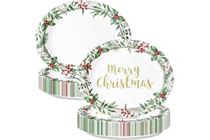 Oigco 30 PCS Christmas Paper Plates, Large 9" x 11" Oval Holly Plates Xmas Dinnerware for Christmas Holiday Party Decorations