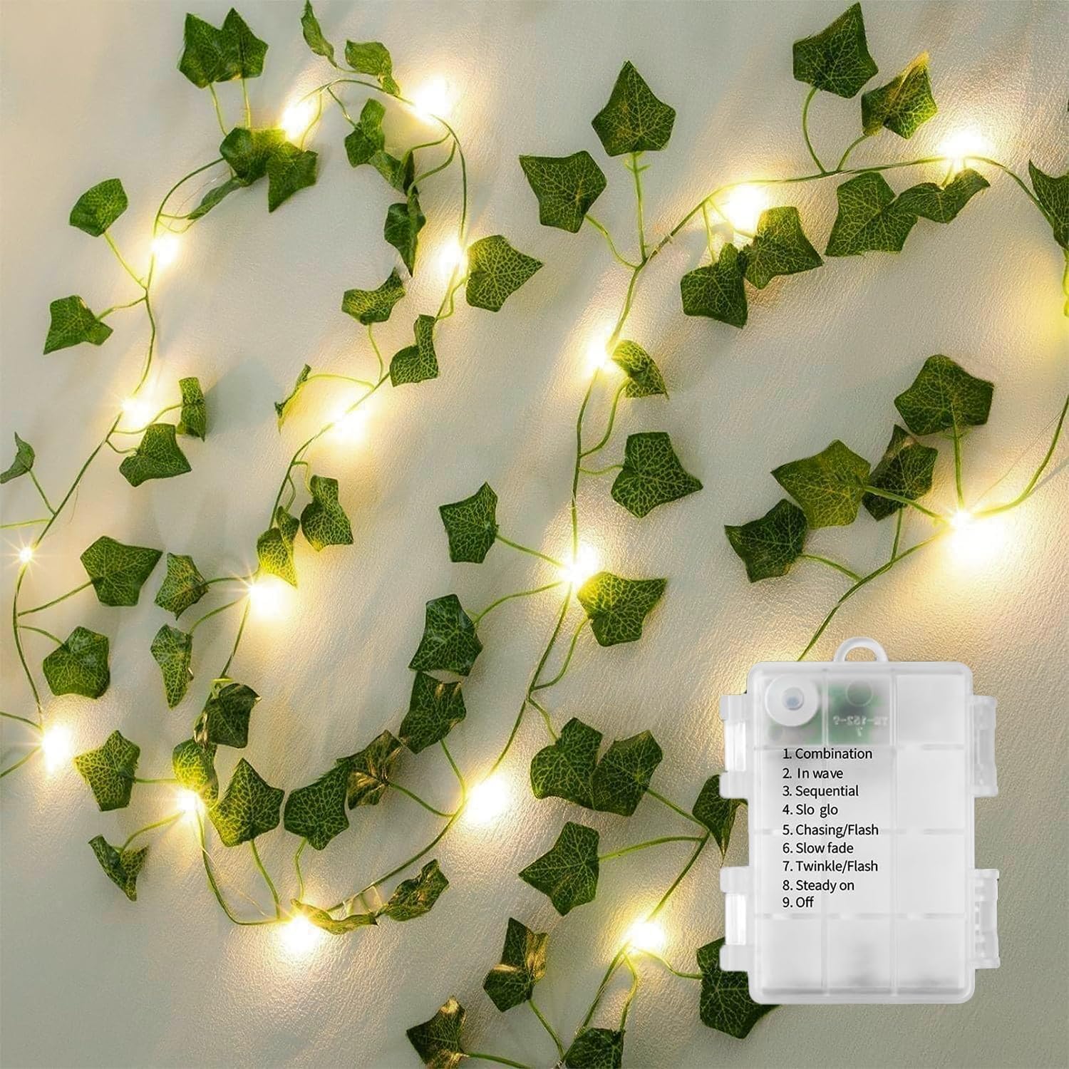 Photo 1 of 33 Ft Vine with Fairy Lights Battery Operated, 8 Flashing Model Waterproof 100 LEDs Battery Powered Artifical Ivy Leaves Vine String Light for Garland Bedroom Wedding Party Holiday Patio Decor