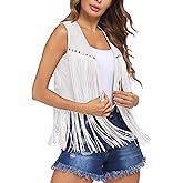 HOTLOOX Womens Fringe Vest 70s Hippie Clothes Sleeveless Faux Suede Tassel Cowgirl Western Outfits S-XXL