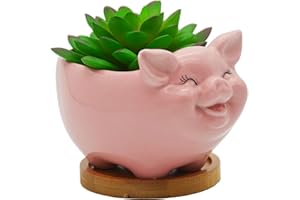 Cuteforyou Succulent Pots, Cute Animal Pig Shaped Ceramic Cactus Flower Planters with Bamboo Tray -Plant Not Included (Pink, 5.11 Inches)