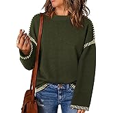 Dokotoo Sweaters for Women Fashion Solid Crewneck Loose Fit Long Sleeve Contrast Cable Knit Pullover Sweater Jumper Tops