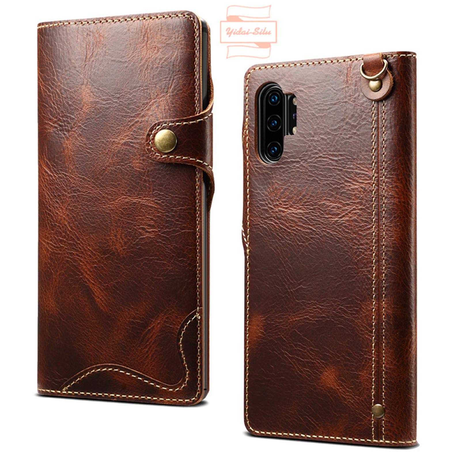 Yidai-Silu Galaxy Note 10+ Genuine Cowhide Leather Flip Case 【Magnetic Button, Wristband, Card Holder 】 TPU Bumper Shockproof Wallet Phone Cover for Samsung Galaxy Note 10+ Plus 5G 6,8" - Brown