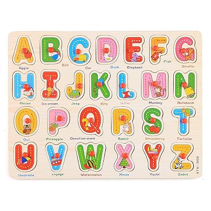 FunBlast Wooden Colorful Learning Educational Board for Kids with Knobs, Educational Learning Wooden Board Tray, Size- 30 X 22 cm, Available in 8 Different Variants (Capital Letter)