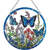 Butterfly Stained Glass Suncatcher, 8.6 inch Large Sun Catchers with Hook and Chain, Blue Butterfly Decorations Gifts for Women