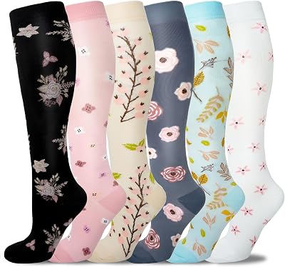 LEOSTEP Compression Socks Women Men 6 Pairs 20-30 mmHg Flower Pattern L-XL