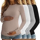 Sweetyweee 4 Pack Womens Maternity Shirts Ribbed Knit Long Sleeve Pregnancy Tops Casual Crew Neck Basic Tunic Shirts