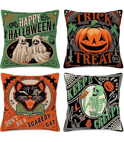 FARMNALL Halloween Pillow Covers Set Of 4 - 18x18 Inch Linen, Crows Witch Skull Retro Design