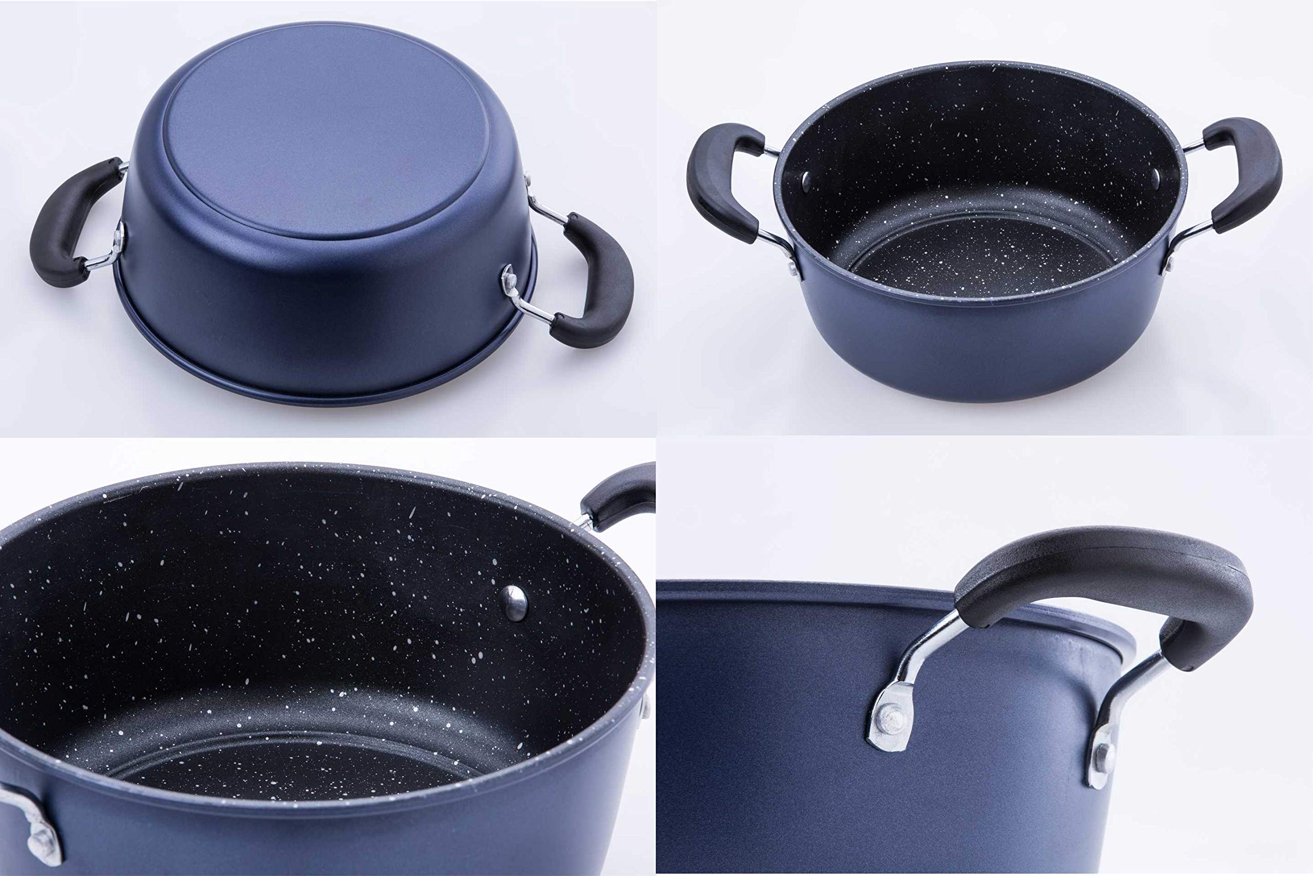 TAFOND 7 Piece Aluminum Nonstick Cookware Sets Includes Steamer insert Sauce Pot and Frying Pans with Glass lid Silicone spatula Blue