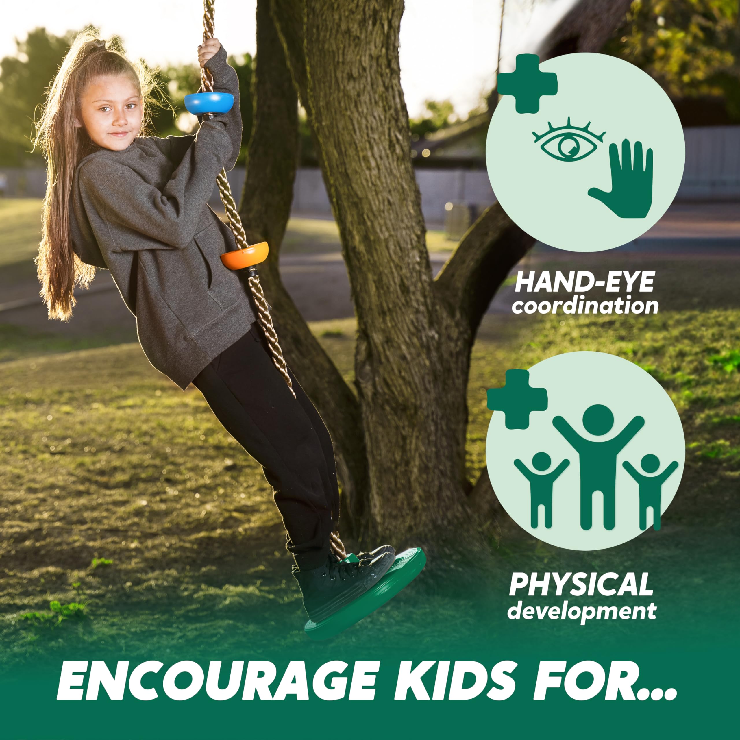 TURFEE Tree Swing for Kids - Single Disc Seat and Climbing Rope Set w/Carabiner & 4 Ft Strap - Treehouse and Outdoor Playground Accessories - Green ?